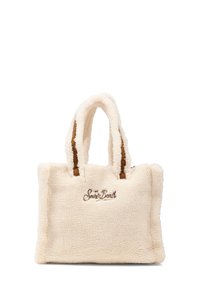 Borsa a tracolla in finta pelliccia color crema con due manici in pelle marrone, forma rettangolare, logo ricamato "Saint Barth" sul davanti, texture morbida.