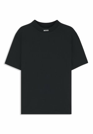 Zwarte T-shirt met korte mouwen en ronde hals, met een klein wit 'BOSS' logo op de binnenzijde van de achterste kraag.