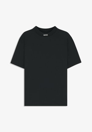Black short-sleeve T-shirt with crew neck and small white "BOSS" logo on the inside back collar.