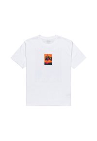 White cotton t-shirt featuring a central colorful graphic with abstract design elements, including a face, circular patterns, and vibrant colors.