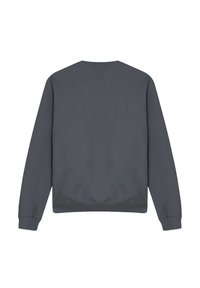 Gray sweatshirt with a crew neck, ribbed cuffs and hem, and a smooth, textured fabric. No visible logos or patterns. Plain back view.