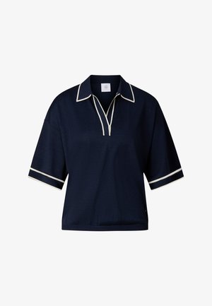 Navy blue short-sleeve knit polo shirt with white trim on collar, V-neck opening, and sleeve cuffs.