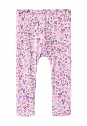 Leggings en tissu doux, avec un fond rose orné de motifs floraux violets et roses. Modèle longue longueur avec une ceinture extensible.