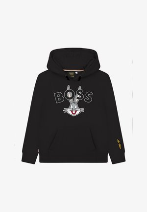 Sort hættetrøje med Bugs Bunny-ansigt under ordet "BOSS" og et lille guld gulerodsdesign på venstre ærmekant.