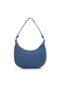 Denim skuldertaske med en buet form, lyseblå farve, enkelt strop og lynlås lukning. Glat tekstur med minimale hardware detaljer.