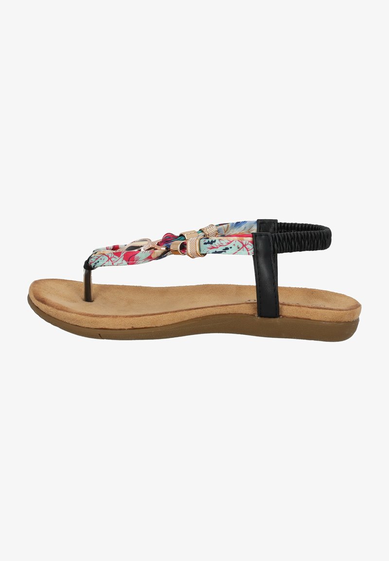 Flad sandal med en flerfarvet mønstret rem og en flettet sort bagdel, en polstret tan-fodbed og et minimalistisk tåpostdesign.
