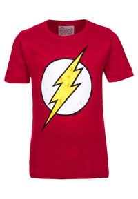 Red cotton t-shirt with a round, white central design featuring a yellow lightning bolt, outlined in black. Short sleeves, crew neck.
