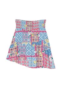 Gonna patchwork multicolore con vita arricciata, caratterizzata da motivi floreali e geometrici nei colori rosa, blu, giallo e bianco.