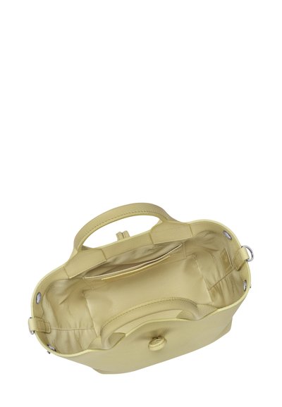 Yellow leather handbag with a smooth texture and structured shape. Features a zip closure, interior pocket, and two short handles.