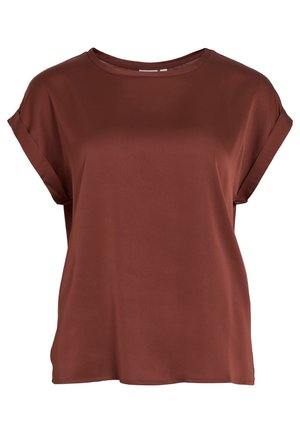 Top marrone a maniche corte realizzato in tessuto liscio. Presenta una scollatura rotonda e polsini risvoltati, con una vestibilità ampia e senza motivi o accessori visibili.