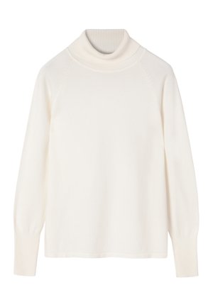Maglione a collo alto lavorato a maglia di colore crema chiaro. Presenta un collo e polsini a costine, con una vestibilità ampia e maniche raglan. Texture liscia.