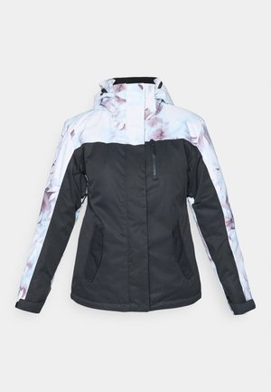 Melnā un baltā jaka ar ziedu rakstu uz pleciem. Ir augsts apkaklis, krūšu zip kabata un sānu kabatas.