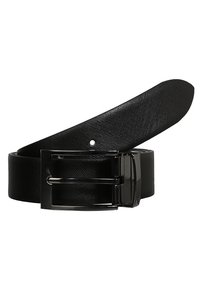 Black textured belt with a smooth surface, featuring a shiny black metal buckle and a single prong closure. Ends taper slightly.