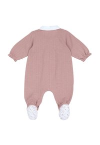 Bodies à manches longues rose poussière avec col blanc et chaussons à motifs floraux, présentés à plat de l'arrière.