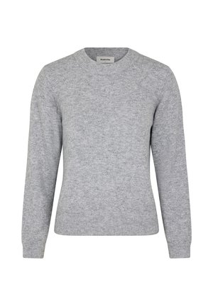 Lys grå sweater lavet af blødt stof, med rund halsudskæring, lange ærmer og ribbet kant. Ingen bemærkelsesværdige mønstre eller accenter.