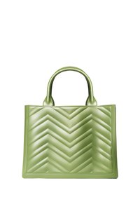 Sac fourre-tout en simili cuir vert avec un design en chevrons matelassé, doté de deux poignées arrondies et d'une forme structurée.