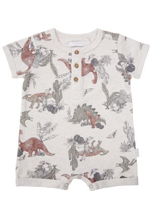 Combinaison à manches courtes en beige clair avec un motif de dinosaure et de plantes dans des tons terreux, ornée de trois boutons en bois au niveau du col.