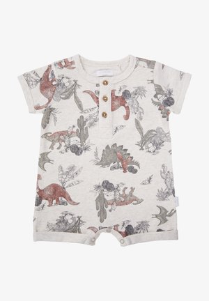 Kortærmet romper i lys beige med dinosaur- og plantemotiv i jordfarver, udstyret med tre træknapper ved halsudskæringen.