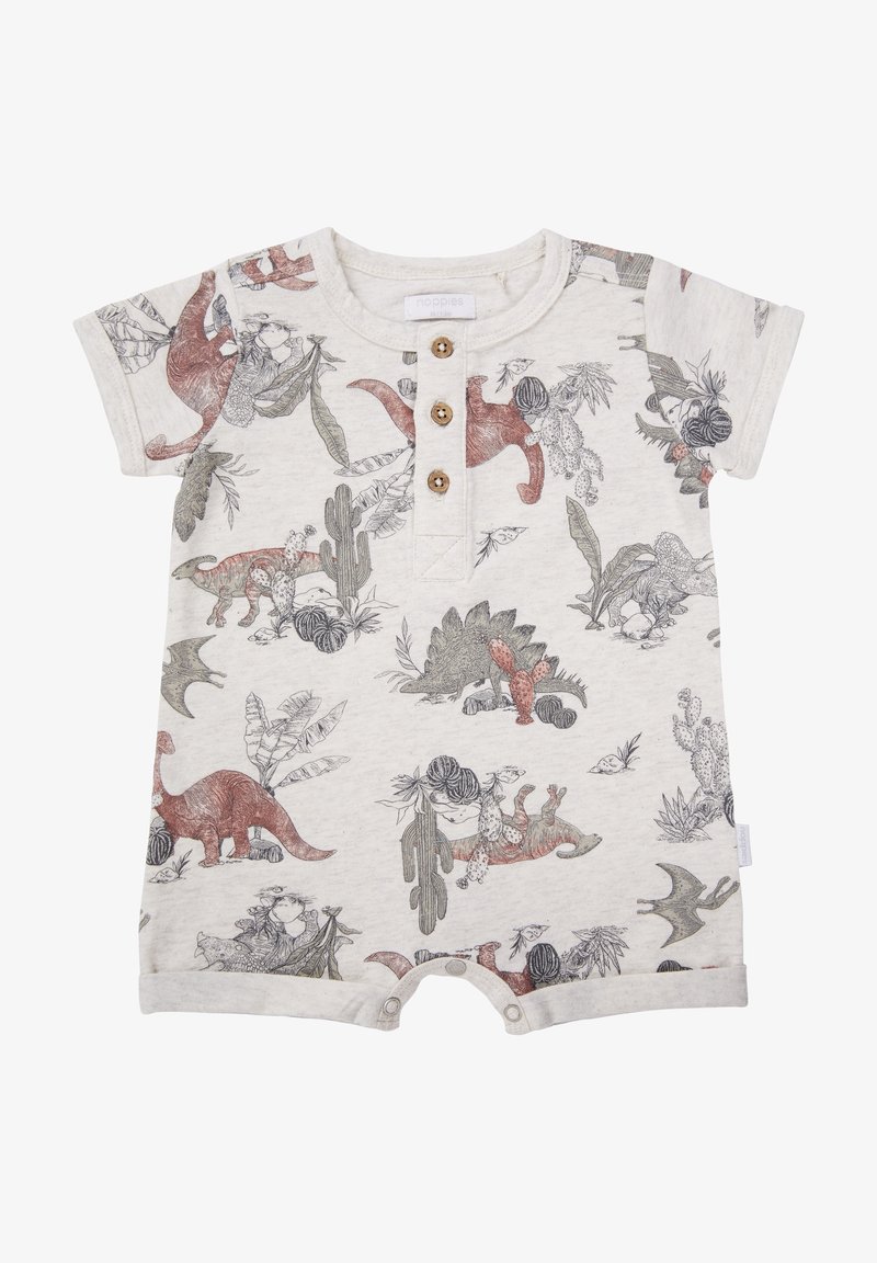 Combinaison à manches courtes en beige clair avec un motif de dinosaure et de plantes dans des tons terreux, ornée de trois boutons en bois au niveau du col.