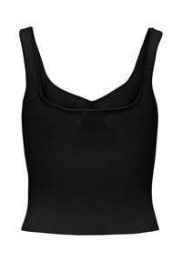 Top nero a costine con spalline larghe e scollatura a forma di U, caratterizzato da una vestibilità aderente e da una consistenza morbida. Nessun motivo o accentuazione visibile.