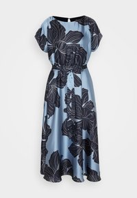 Robe midi bleu clair avec un imprimé floral noir. Elle a des manches courtes, une taille élastique et un détail à nouer à la taille. Fabriquée en tissu lisse.