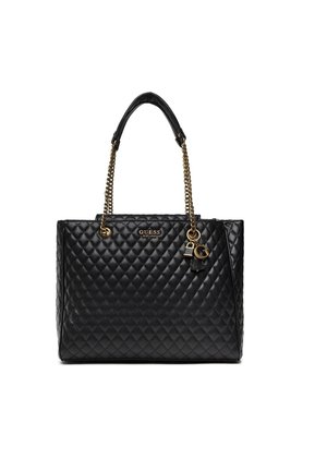Black quilted leather handbag with gold chain handles, Guess logo, and decorative gold lock and key charms.