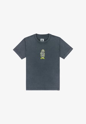 T-shirt in cotone grigio scuro con colletto rotondo, maniche corte e una grafica frontale di teschi cartoon impilati in verde lime e bianco.