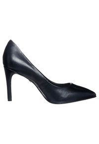 Pompe à talons hauts en cuir noir avec un bout pointu, texture lisse et un talon aiguille élancé. Pas de marquage ni de motifs visibles.