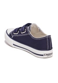 Sneaker di tela blu navy con doppie cinghie Velcro, punta in gomma bianca, cuciture bianche a contrasto e suola bianca accentuata da una striscia scura.