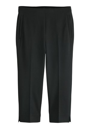 Mustad kohandatud sirge säärega püksid, millel on küljetaskud ja väiksed lõhikud ääres, disainitud formaalseks või äriliselt vabaaja stiilis välimuseks.