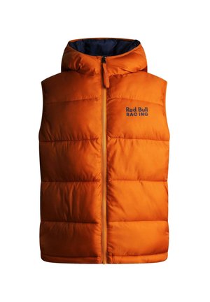 Oranje geïsoleerde vest met een capuchon, voorzien van een rits aan de voorkant en het logo "Red Bull Racing" in marineblauw, zichtbaar gestikt patroon en een soepele textuur.