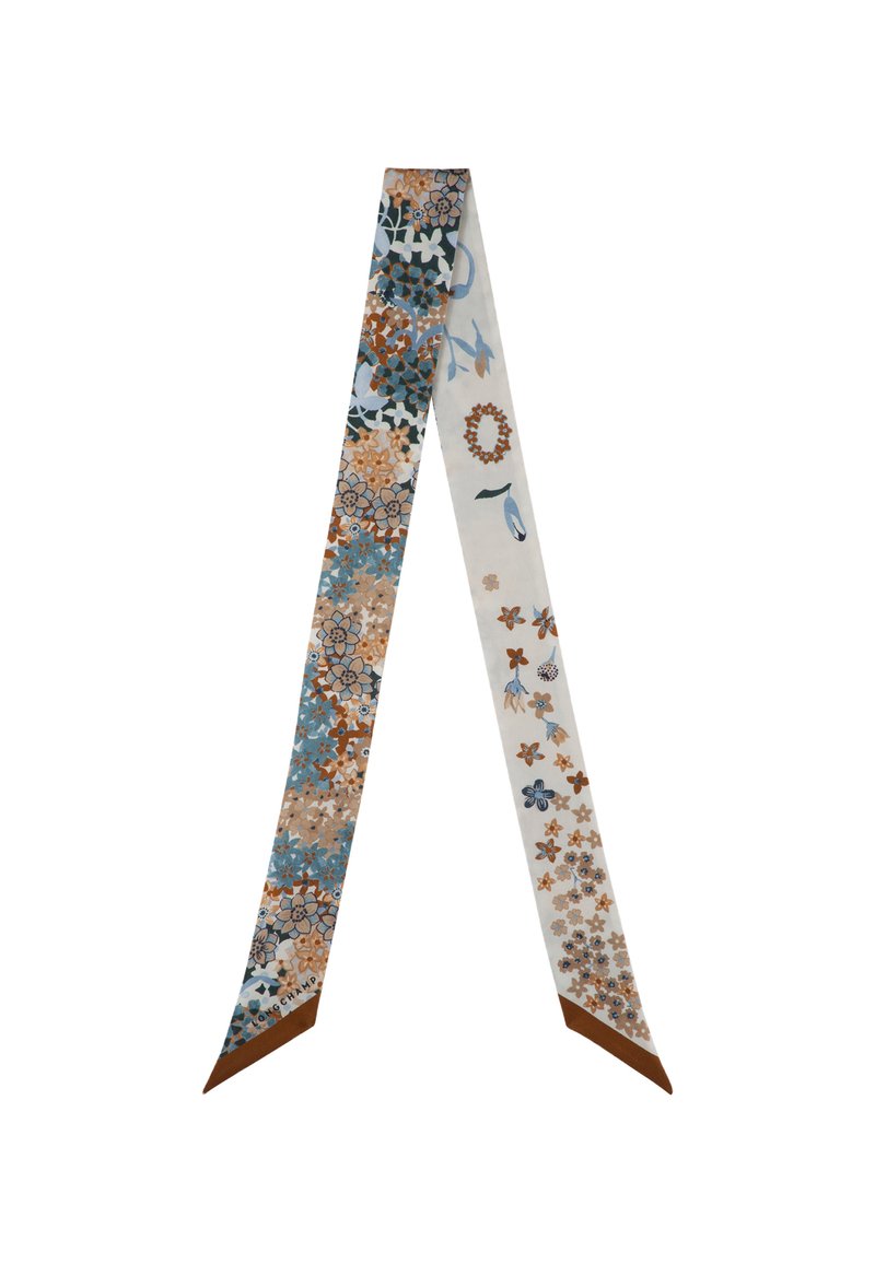 Silk scarf featuring a floral pattern in blue, brown, and white. Two long, narrow ends with contrasting brown trim. Smooth texture.