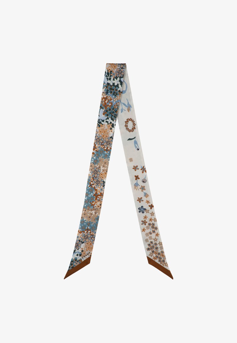 Silk scarf featuring a floral pattern in blue, brown, and white. Two long, narrow ends with contrasting brown trim. Smooth texture.