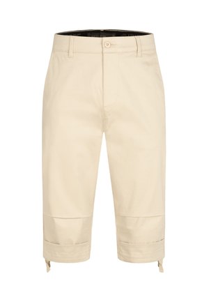 Pantaloni corti in cotone beige a taglio dritto, con chiusura a bottone, orli arrotolati e linguette laterali per la regolazione.