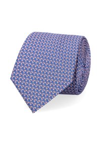 Niebieski krawat w diamentowy wzór w różowo-białe kolory. Wykonany z gładkiego materiału, z tępym końcem i zwiniętą prezentacją.