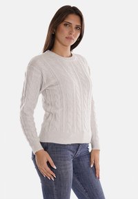 Maglione lavorato a maglia grigio chiaro con motivo a treccia, maniche lunghe e bordi a coste, con sottili accenti luccicanti sparsi.
