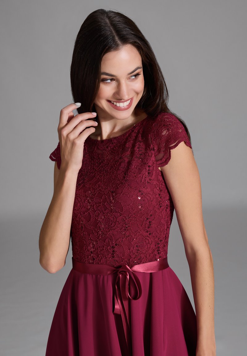 sachin and babi light blue dress New Look Dark Burgundy Lace Corset Midi Dress