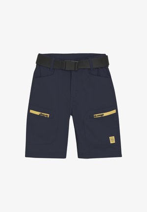 Pantalones cortos azul marino con un cinturón negro, con bolsillos laterales con cremallera amarillos y una etiqueta de logo cuadrada. Fabricados con tejido ligero, diseñados para la durabilidad.