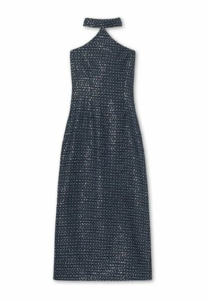 Marinblå halterneck-klänning med åtsittande bodice och utsvängd kjol. Texturen har ett subtilt mönster med metalliska accenter. Justerbar knytning i nacken.
