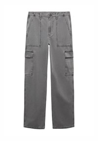 Pantalons cargo gris en tissu résistant, présentant une coupe large, plusieurs poches et une fermeture à bouton à la taille.