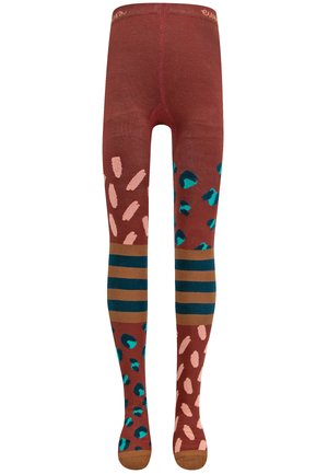 Strumpfhosen mit einem bordeauxroten Grundton und pinken sowie türkisfarbenen Mustern, einschließlich Punkten und Streifen, aus einem weichen, dehnbaren Material.