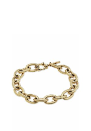 Bracelet à chaîne dorée avec des maillons ovales texturés et un fermoir à bascule, disposé en forme circulaire sur un fond blanc.