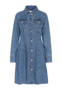 Robe en denim à manches longues, col, fermeture à boutons sur le devant, deux poches poitrine et ourlet évasé. Couleur bleu clair avec des coutures contrastées.