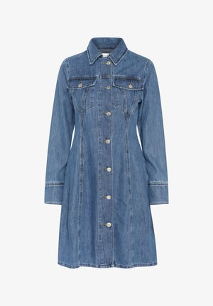 Jeanskleid mit langen Ärmeln, Kragen, Knopfverschluss vorne, zwei Brusttaschen und schwingendem Saum. Helle blaue Farbe mit kontrastierenden Nähten.