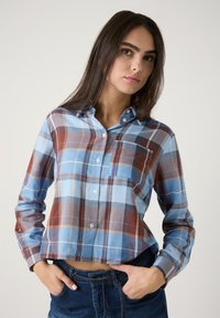 Gekürztes kariertes Hemd in Blau, Braun und Weiß. Verfügt über eine durchgehende Knopfleiste, einen Kragen und eine Brusttasche. Hergestellt aus leichtem Stoff.