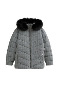 Pufferjack in zwart-wit visgraatpatroon, met een zwart nepbontkraag, een ritssluiting aan de voorkant en zijzakken met rits.