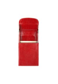 Portafoglio in pelle rossa con design rettangolare strutturato. Presenta un esterno a superficie liscia e una chiusura metallica.