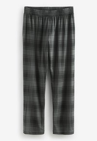 Black and gray plaid pajama pants with an elastic waistband, featuring a smooth texture and straight legs, hanging vertically.