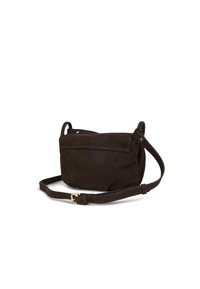 Borsa a tracolla in suede marrone scuro, con una texture morbida, tracolla regolabile e dettagli di cucitura sottili. Design compatto e pratico.
