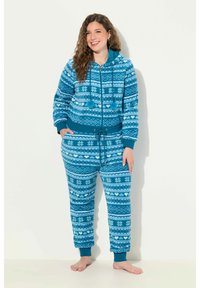 Mono azul con estampado, con capucha, que presenta copos de nieve y corazones. Hecho de material suave, tiene puños elásticos y cintura ajustable con cordón.